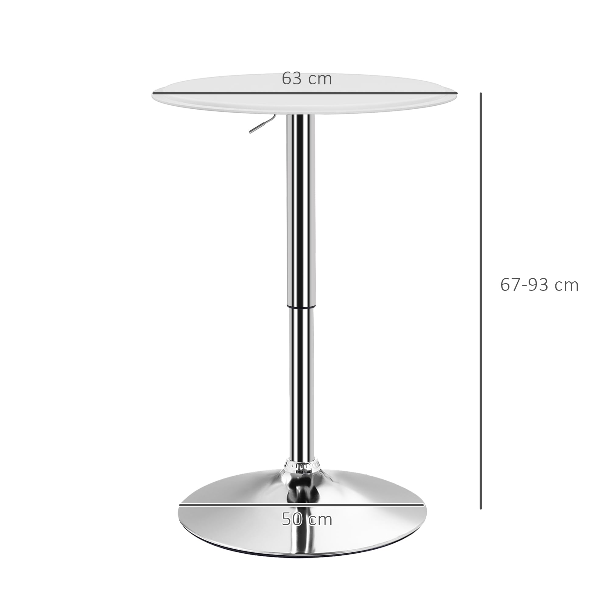 HOMCOM Mesa de Bar Redonda Ajustable en Altura 67-93 cm, Mesa Alta de Bar, Tablero Ø63 cm y Giratorio 360°, con Base Redonda de Metal Cromado, para Bistró, Cocina Comedor, Blanco