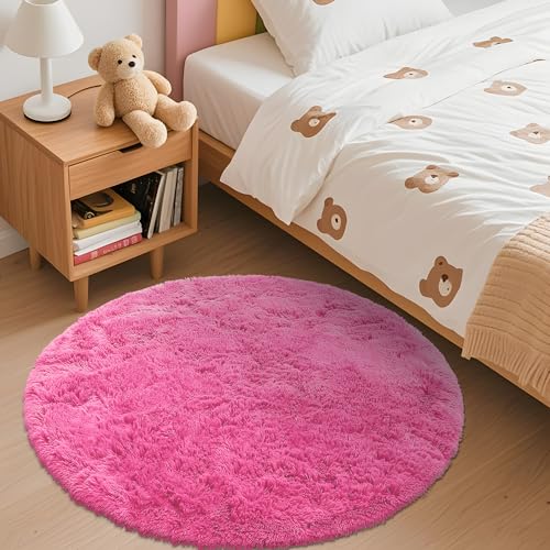 OLANLY Hot Pink Round Rugs for Bedroom - Machine Washable, 3 ft Circle Area Rugs for Living Room, Soft and Fluffy Shaggy Carpet for Teen Girls and Boys, Nursery Rooms, Dorms, Home Decor Aesthetic