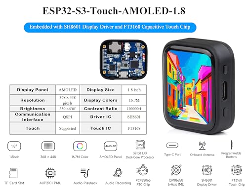 Image of ESP32-S3 1.8inch AMOLED Touch Display Development Board,Onboard Audio Codec | 32-bit LX7 Dual-Core Processor, 368x448 Pixels, Support Offline Speech Recognition and AI Speech Interaction