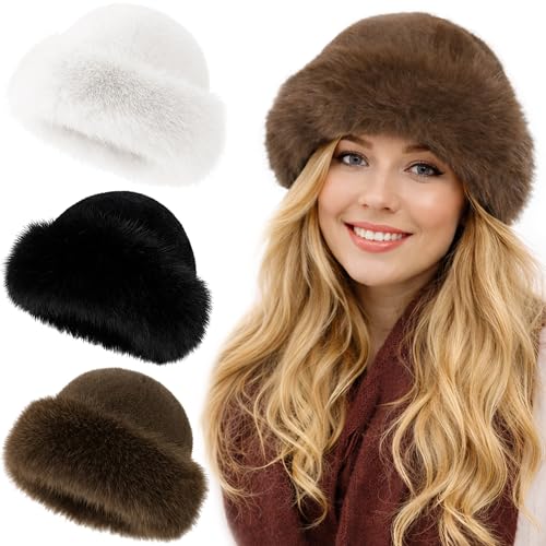 3 Pieces Women’s Faux Fur Bucket Hat Winter Warm Plush Furry Hat – Soft Fluffy Cold Weather Hat for Outdoor Travel (Multicoloured)
