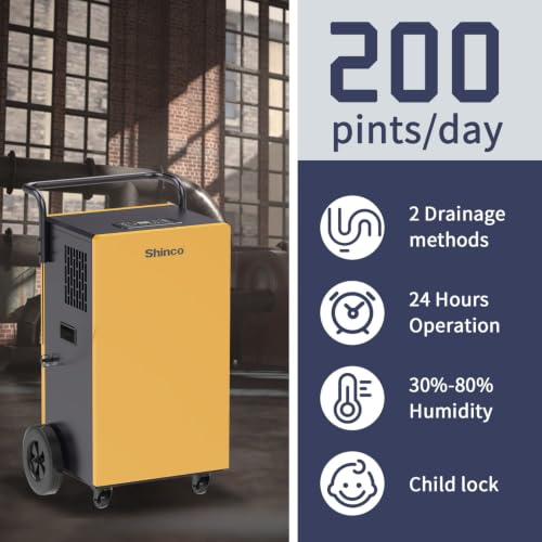 Image of Shinco Commercial Dehumidifiers with Pump, 200 Pints Industrial Dehumidifier for Crawl Spaces, Basements Warehouse and Large Spaces up to 8,000 Sq Ft