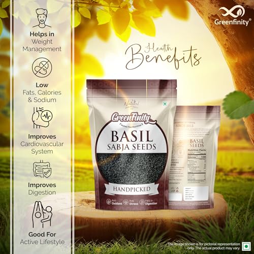 Image of GreenFinity Healthy Basil Seeds | Rich in Omega-3, Dietary Fibre, and Antioxidant | Raw Sabja Seeds for Weight Management, Immunity Booster, Digestion, Salads, Snacks, Smoothies (1Kg)