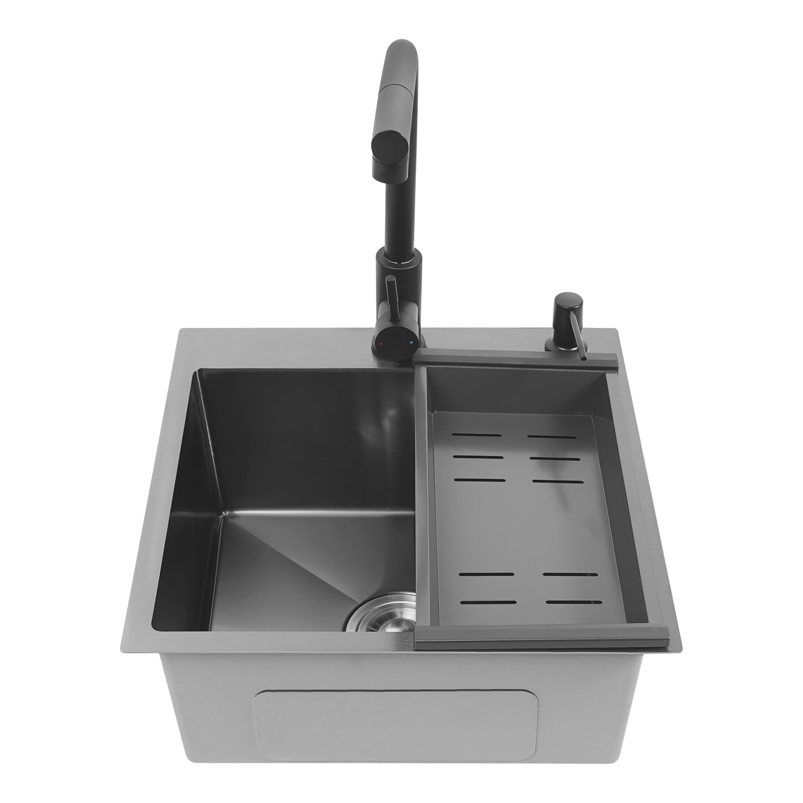 Fregadero de cocina de acero inoxidable con grifo, color negro, 45 x 45 cm, incluye grifo extensible, dispensador de jabón y desagüe