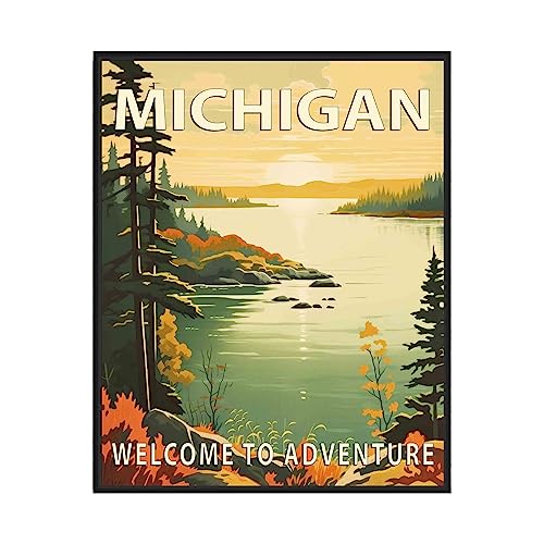 Michigan Poster Art Print, Retro States Landscape Wall art Decor, Adventure Mountain and Scenery Painting for Bedroom, Living Room (Michigan Scenery, 18x24 inches (Unframed))