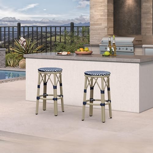 Image of PURPLE LEAF Patio Round Counter Height Stool Set of 2 Outdoor Backless Barstools Aluminum Frame in Champagne Finish with NavyBlue & White Woven Rattan for Indoor Kitchen Dining Bistros Cafe Restaurant