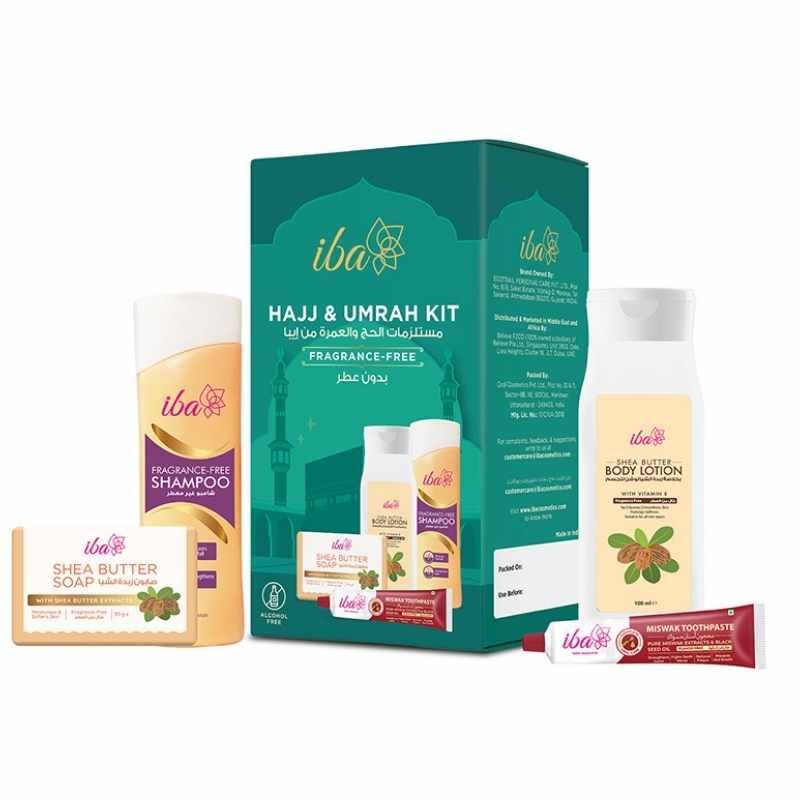 IBA Hajj & Umrah Kit Fragrance-Free Personal Care Set with Shampoo Body Lotion Soap and Miswak Toothpaste