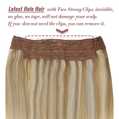 LaaVoo 16" Adjustable Invisible Wire Halo Hair Extensions Balayage Highlight Ash Blonde Fading to Light Blonde Halo Remy Human Hair Extensions 80g Wire Hair Extension Human Hair 11" Width - Thumbnail 4