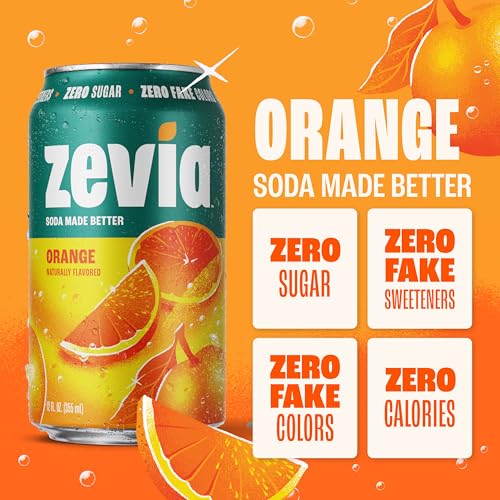 Image of Zevia Zero Sugar Soda, Orange, 12 oz Cans (24-Pack) - Naturally Sweetened, Non-GMO Project Verified, Gluten-Free, Vegan
