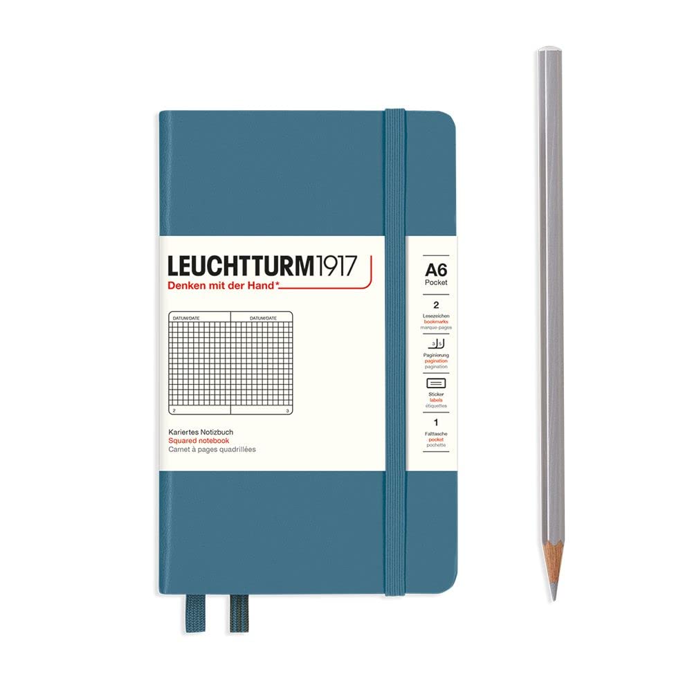 LEUCHTTURM1917 Notebook Pocket (A6), Hardcover, 187 Numbered Pages, Stone Blue, Squared 365632