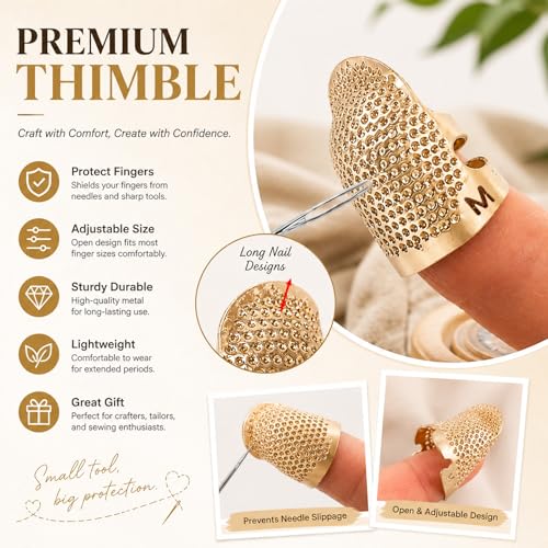 Image of Thimbles for Hand Sewing, Sewing Thimble Kit, Metal Finger Protectors, Thimble Ring for Hand Quilting and Embroidery(Gold,1Pcs,Medium)