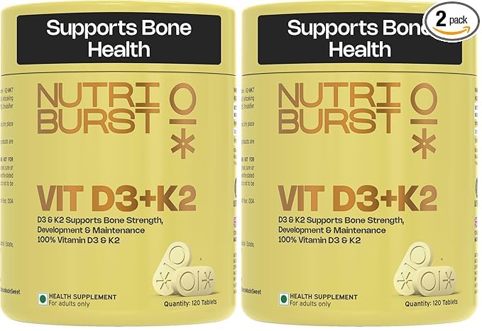 Image of Nutriburst Vitamin D3 + K2 | Vitamin D3 K2 Supplement for Men & Women | Supports Bone Strength & Heart Health | Vitamin D with K2 for Better Absorption | 240 Veg Tablets (4-Month Supply)
