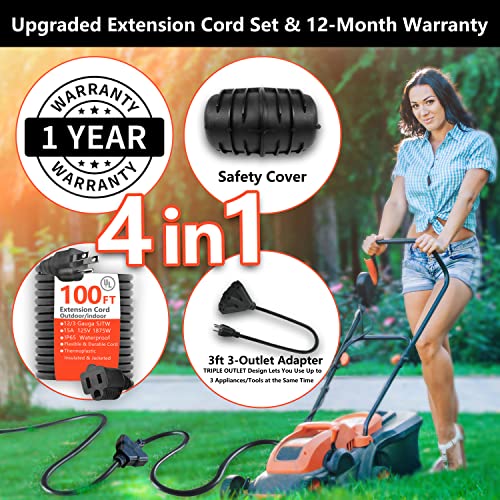 100 Ft 12/3 Gauge Sjtw Heavy Duty Outdoor Power Cords – Water, Weather & Kink Resistant, Flame Retardant,3 Prong Grounded Plug –Long Extension Cord With Multiple Outlets& Protective Cover, Ul Listed #TOP5