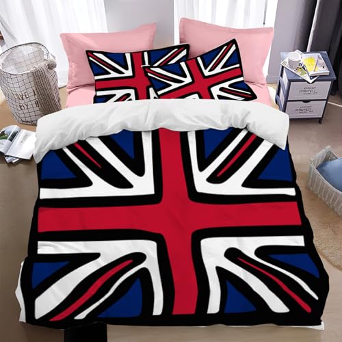 Juego de Edredón Bandera del Reino Unido, 2 Piezas – Edredón Suave Diseño de Grafiti con 1 Fundas de Almohada, 150x200cmSet de Cama para Todas Las Estaciones(Rojo y Azul)