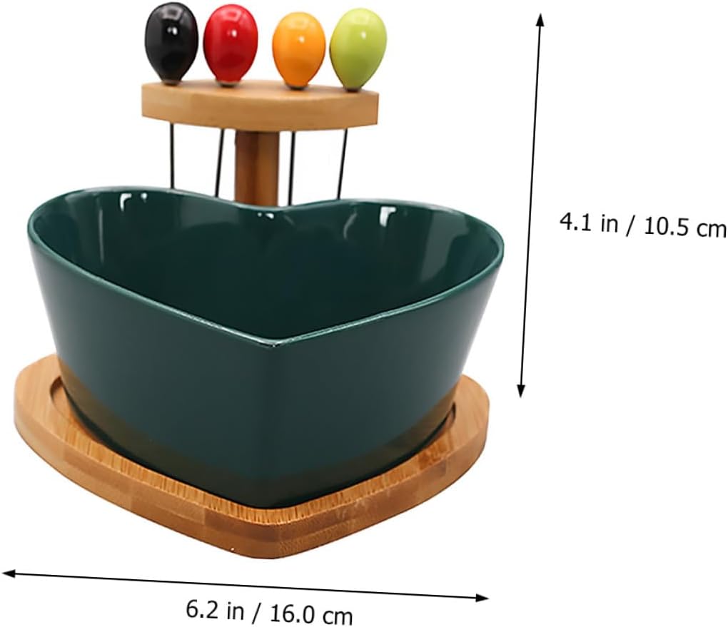 Garneck Heart Shaped Ceramic Fruit Bowl with Forks, Green Salad and Dessert Bowl for Kitchen Counter and Living Room Snacks