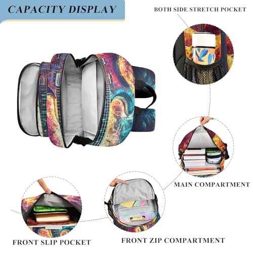 Guitar Fire Blue Backpack Travel Laptop Daypack Shoulder Bag Book Bag Daypack with Reflective Strip 12.9 ×17.7 In4