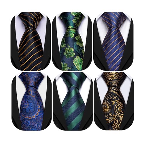 Image of Barry.Wang Mens 6 PCS Ties Silk Striped Paisley Check Floral Necktie Silky Woven Wedding Business Party Ties 3.34 inch