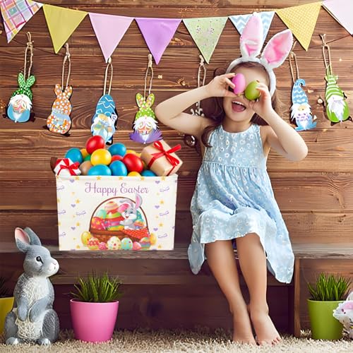 Image of Easter Basket for Kid Large Empty Baby Rectangular Cute Easter Gift Storage Basket Bunny Eggs Decor (Rabbit Purple Bow Tie)