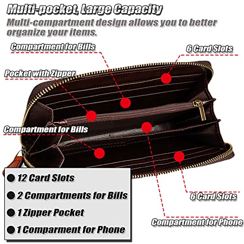 Women's Vintage Wristlet Wallet, Genuine Leather Cell Phone Purse, RFID Blocking Card Holder with Pictogram Pattern, Black Red+blue, One Size4