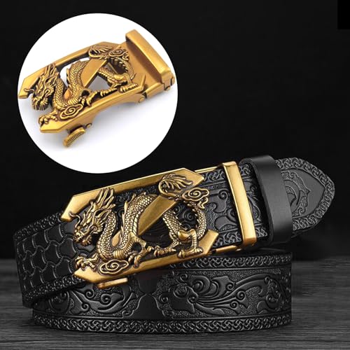 Luxury Men's Belts Engraved Vintage Dragon Head Automatic Buckle Alloy, Leather Men Waist Strap, Slide Easier Adjustable Belt, Cut To Fit, Men Dress Casual Ratchet Belt2