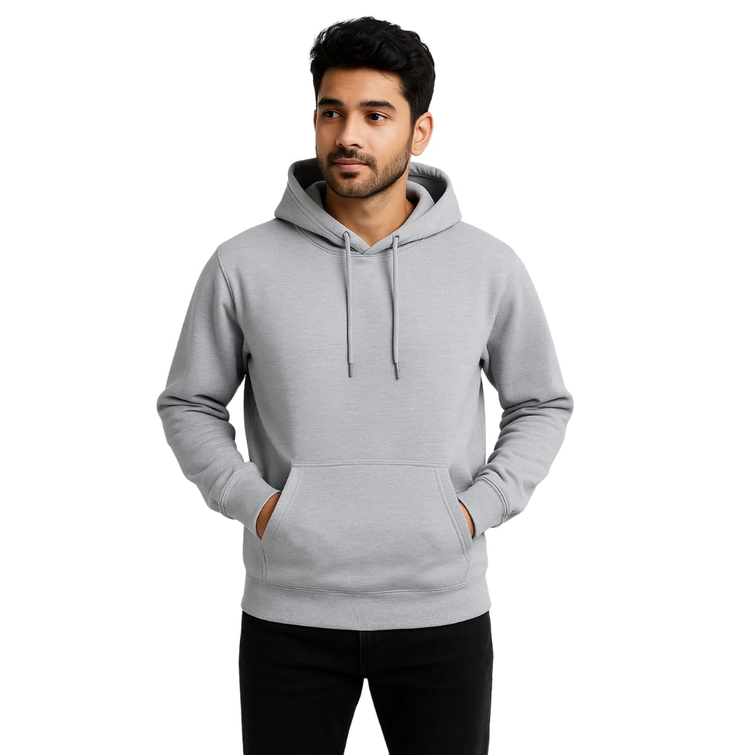 Men’s Solid Grey Pullover Hoodie | Soft Cotton Fleece Sweatshirt with Front Pocket & Adjustable Hood | Winter Warm Casual Wear for Men-image-7