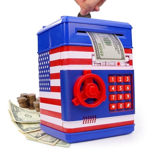 USA Toyz Alcancía electrónica All-American para niños – Cajero automático para niños, caja de ahorro con ranura para monedas alimentador automático de billetes, luces LED, contraseña de 4 dígitos