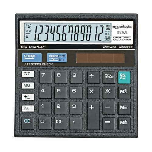 Image of Amazon Basics Electronic Calculator (AB-512A) | 12 Digit Large Display | Dual Power (Solar + AAA Battery) | 30 Angled Screen | Big Button Design | 13 x 13 cm | Black | for Office, School & Home