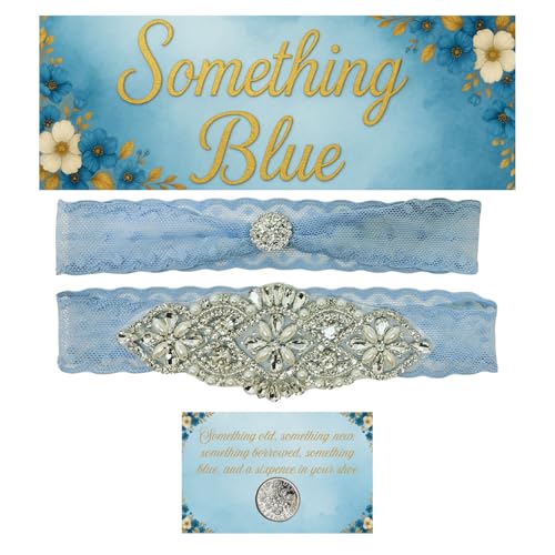 Something Blue Lace Garter - Rhinestone Pearl Set with...