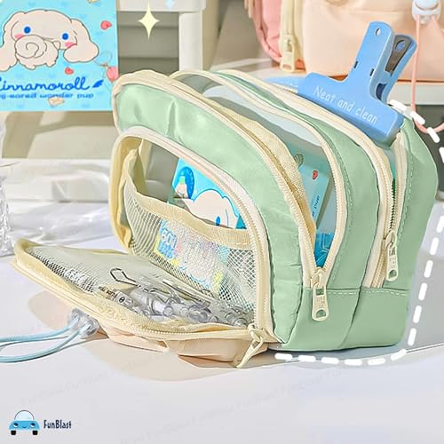 Image of FunBlast Pencil Pouch for Girls - Multiple Compartment Zipper Pouch with Drawstring Pocket, Aesthetic Pouch for Girls, Kawaii Pencil Case, Cute Pouches for Girl, Return Gift for Kids (Sea Green)