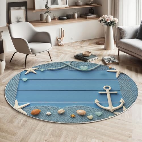 Tapis de chambre rond bleu marine antidérapant style mer - 3