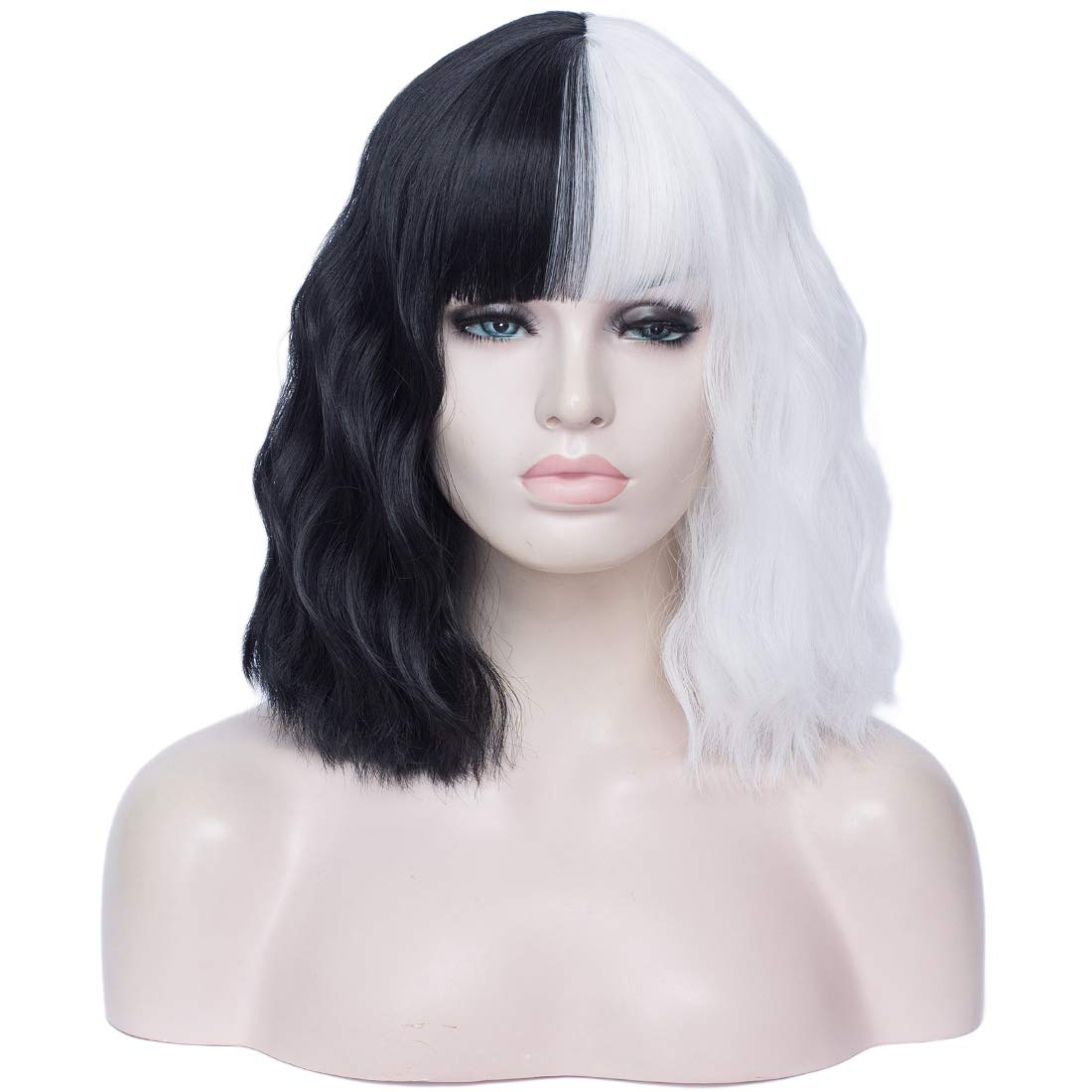 FALAMKA Half Black and White Wig with Bangs Short Curly Wavy Bob Wig for Women Cosplay Costume Halloween