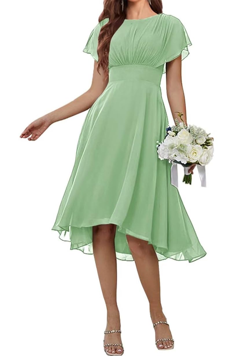 WSEYU Short Sleeves Mother of The Bride Groom Dresses Crew Neck Formal Evening Grandmother Gowns Tea Length Sage Green UK10