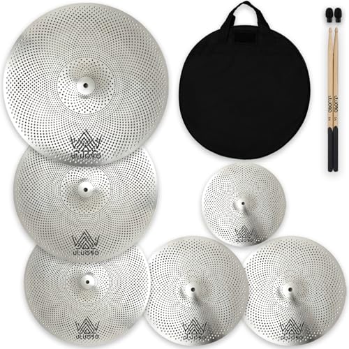 ULUOBO Low Volume Cymbal Pack 6 Pieces, Silent Cymbals, Quiet Cymbals Set for Drummer Practice, 10''Splash+14''Hihat+16'Crash+18''Crash+20'Ride, Silver