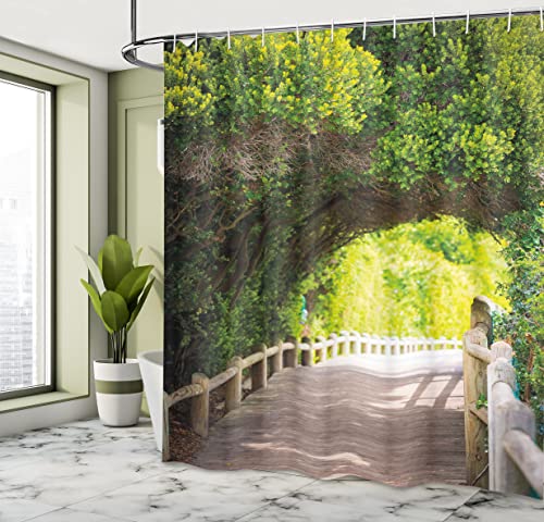 ABAKUHAUS Forest Shower Curtain, Nature Boardwalk Through Green Archway Bridge Foliage Trees Sunny Summer Day - Image 4