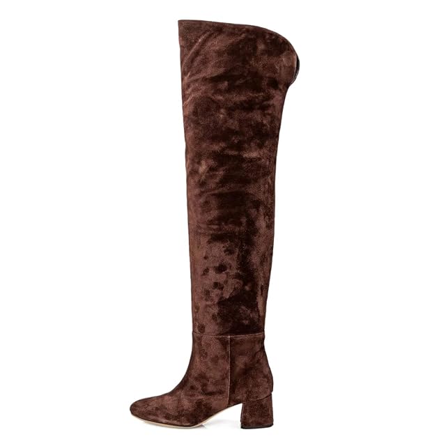 FOWT Women Classic Round Toe Wide Calf Over The Knee Boots Pull on Chunky Block Low Heel Thigh