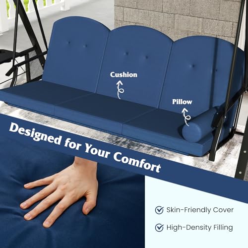 Image of Tangkula 3 Person Porch Swing, Outdoor Swing with Adjustable Canopy, Thickened Cushions & Pillow, Metal Frame, Foldable Side Tray for Backyard, Garden and Poolside (Navy)
