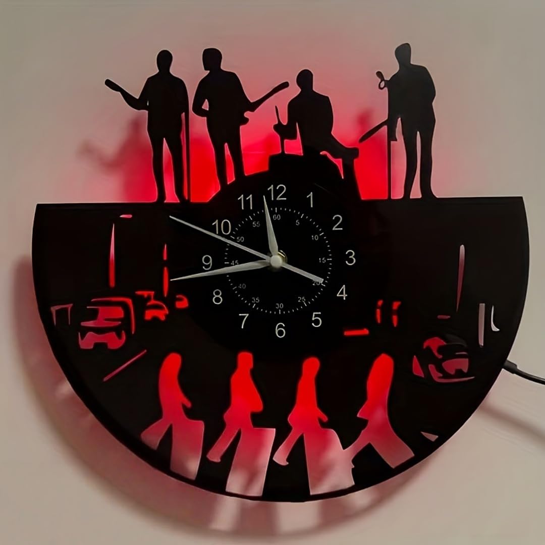 Horloge murale LED en vinyle avec motif bande de musique, horloge murale rétro avec rétroéclairage 7 couleurs, horloge murale décorative musicale, cadeau pour les amateurs de musique