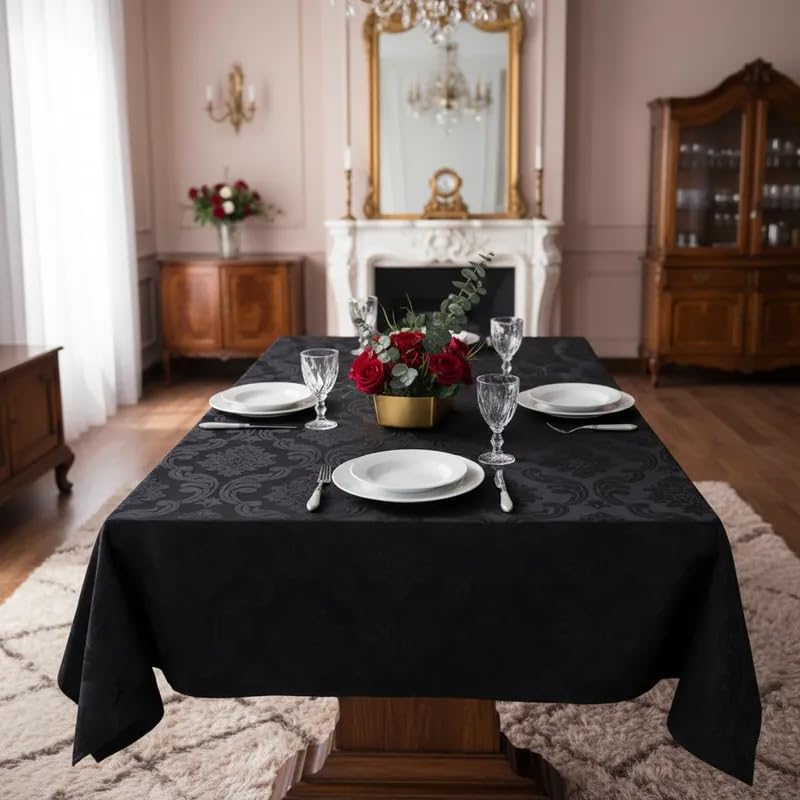 Toalha de Mesa em Jacquard Inglês Requinte Quadrada (4 Lugares) (Preto)