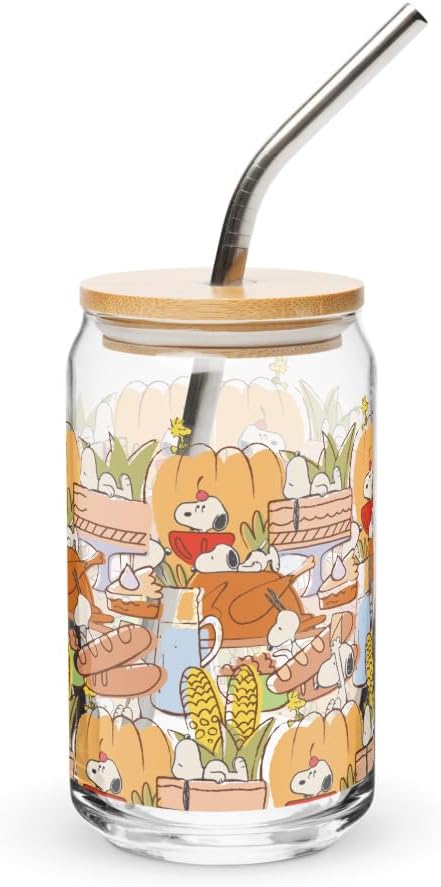 Peanuts Thanksgiving Can Glass With Lid And Straw