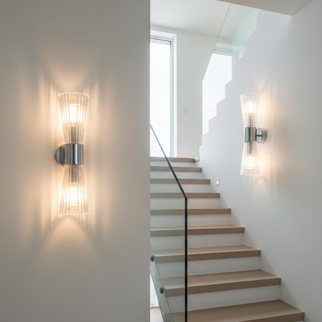 Aplique de Pared de Cristal 2 Luces E14 Doble Extremo Vidrio Acanalado Diseño Reloj de Arena Lámpara de Pared Moderna Acabado Plateado para Dormitorio Salón Pasillo Escalera Hotel (Plateado)