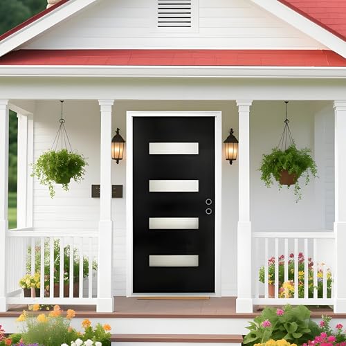 Fiberglass Front Door 36 x 80 with Frosted Glass and Brickmould Left-Hand Inswing Black Finish Knock-Down Door with White 4-9/16 Vinyl Frame Contemporary Entry Door for Residential Use