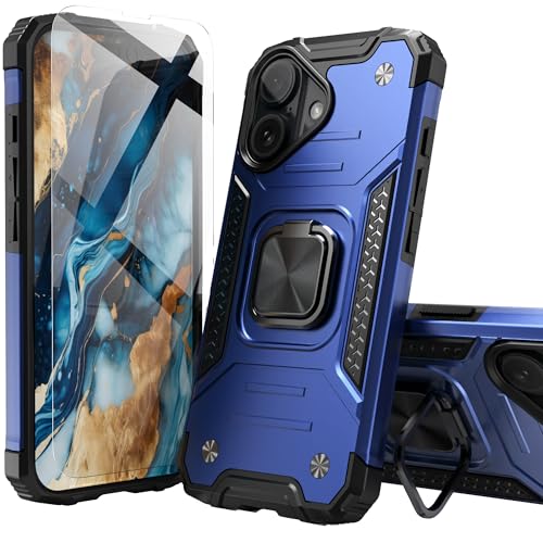 IDYStar for iPhone 16 Case with Screen Protector Blue for Men Boys,Hybrid 2 in 1 Drop Test Cover with Car Mount Kickstand Slim Fit Protective Sturdy Case for iPhone 16 6.1 Inch,Navy Blue - image 1