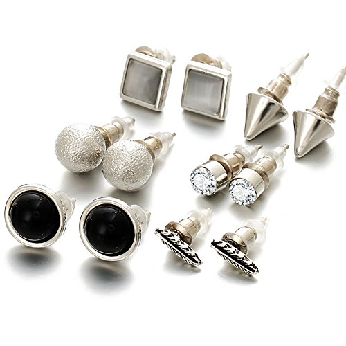 Phoenixb2c 6 Pairs Rivet Ball Rhinestone Feather Stud Earring Lady Punk Jewelry Set