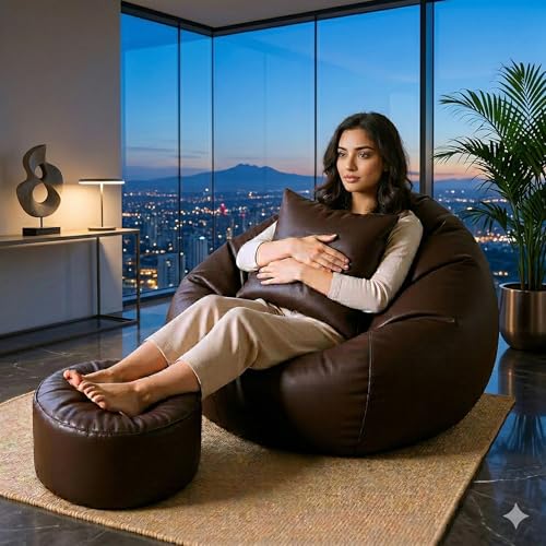 Image of IVIKA Bean Bag with Stool & Cushion | XXXXL Size Premium Leatherette Bean Bag for Gaming, Living Room & Bedroom (4XL - Brown)