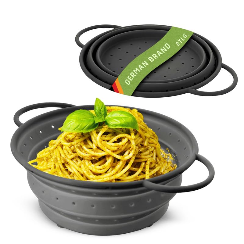 Foldable Silicone Strainer | Space-Saving, Easy to Clean and Dishwasher-Safe from Coolinato® | Can be Used as a Pasta Strainer, Colander, Sieve or Kitchen Strainer | Set of 2 (20 and 24 cm) in Grey — image 1