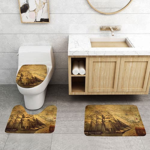 3-teiliges Badezimmerteppich-Set, Segel-Piraten-Druck, 3-teiliges Badezimmerteppich-Set, Badematte, Kontur, WC-Deckelbezug, Badezimmer, rutschfestes Pad – Bild 4
