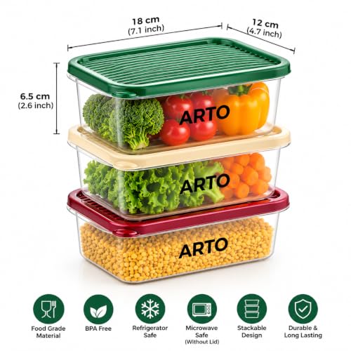 Image of Arto Food Storage Containers Set of 3, 1100ml Airtight & Leak Proof Transparent Fridge Organizer with Coloured Lids - Stackable, Food Grade Plastic for Kitchen, Pantry, Cereals & Vegetables