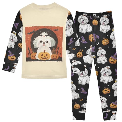 Fustylead Halloween Cartoon Maltese and Pumpkin Long Sleeve Top and Matching Bottom Cotton Pajama Sets2