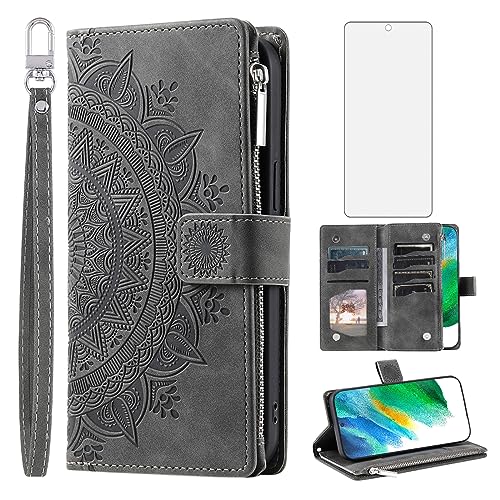 Étui portefeuille Samsung S21 FE 5G avec protège-écran verre trempé et motif mandala gris