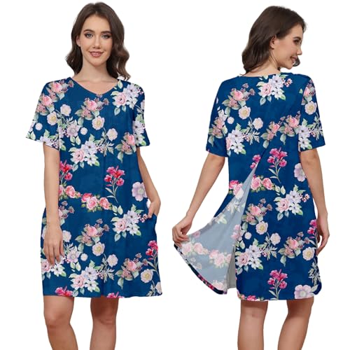 Hospital Gowns for Women Open Back Tear Away Snap Post shoulder Dress Short Sleeve Soft Adaptive Clothing with Pockets