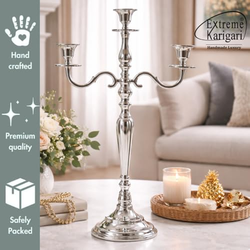 Image of 3 Arm Silver Candlestick Holder Stand | 24 Inch Tall Metal Candelabra for Wedding Centerpieces, Dining Table, Living Room & Event Decor